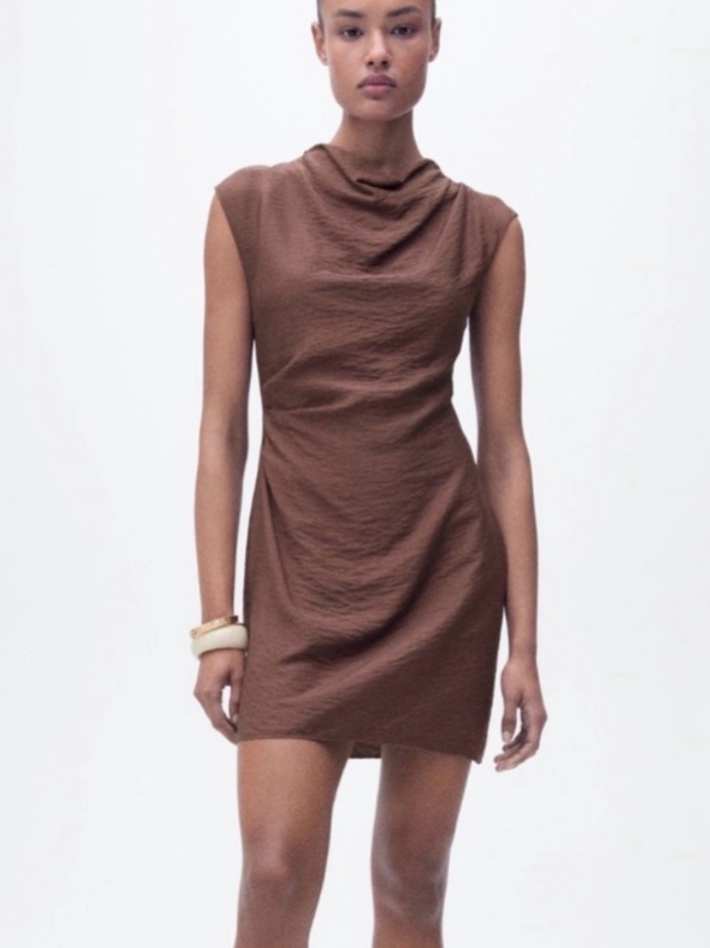 Mango Brown Sleeveless Cowl Neck Mini Dress